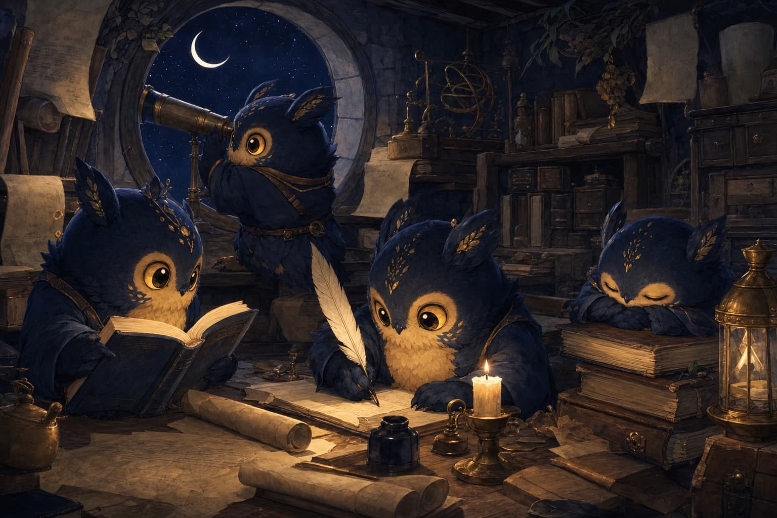 The Moonlings working through the night in a candlelit workshop