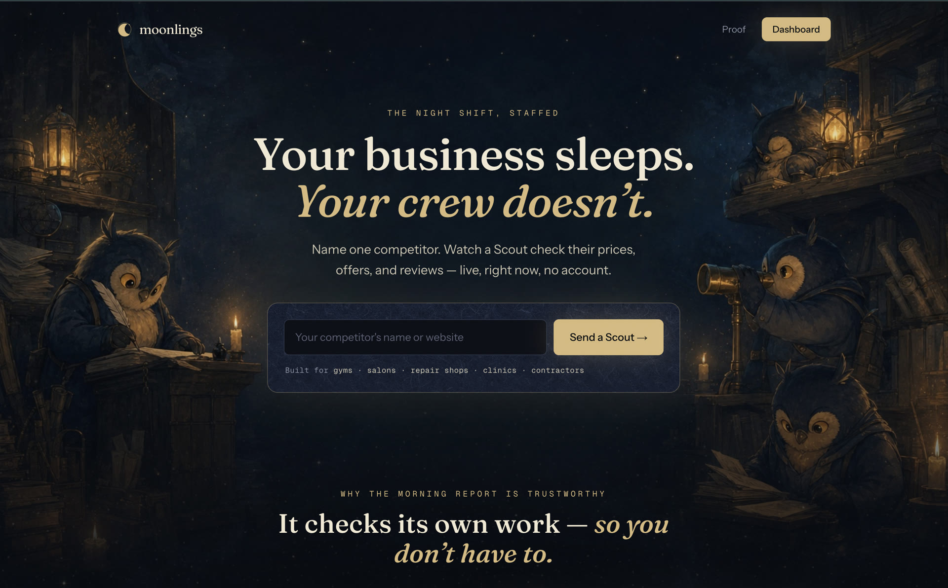 Moonlings landing page — name a competitor and send a Scout
