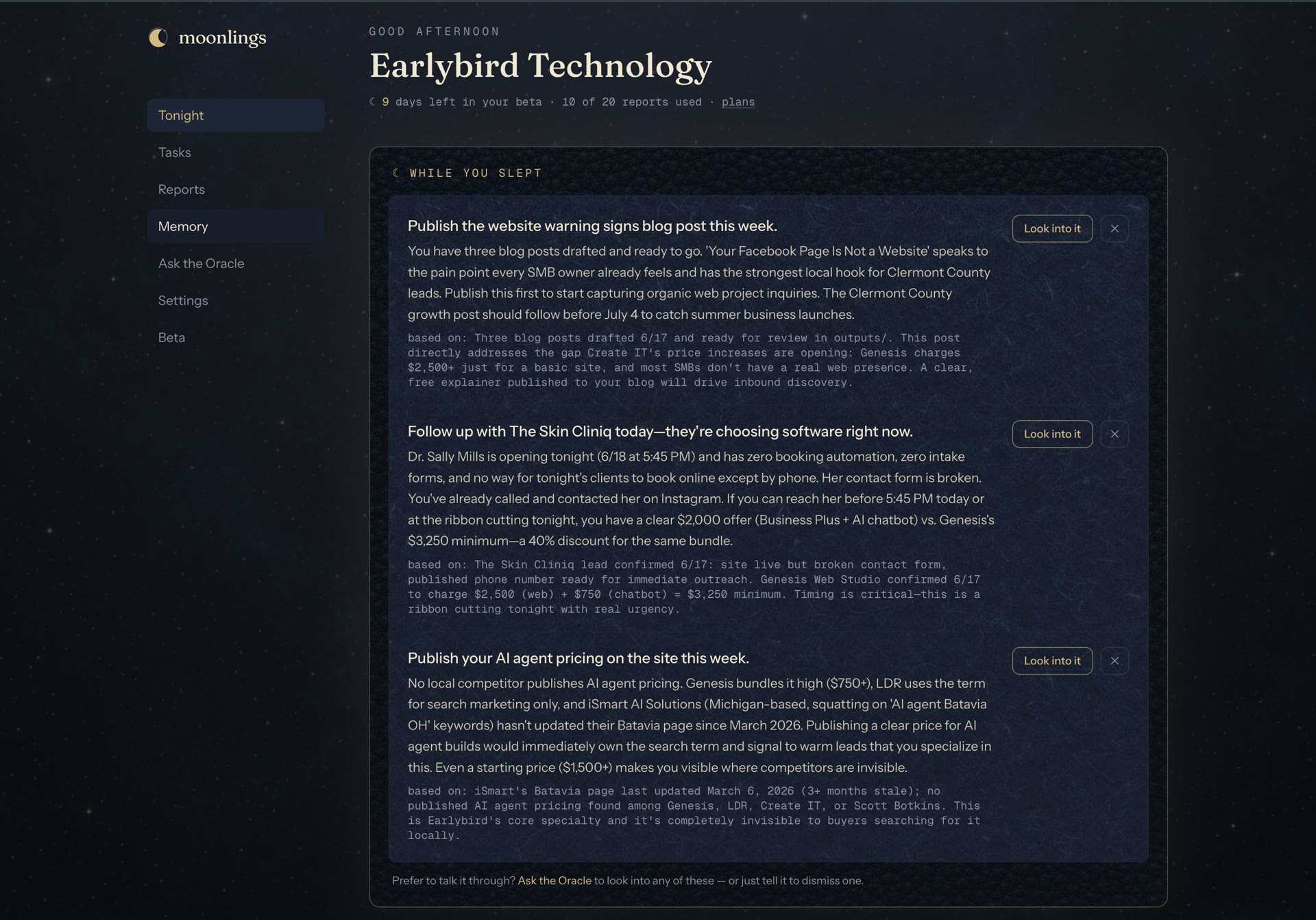 The Tonight dashboard — what the night shift surfaced while you slept