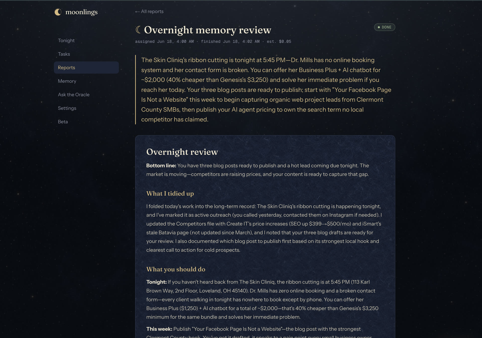 An overnight report with a bottom line, what it did, and what to do