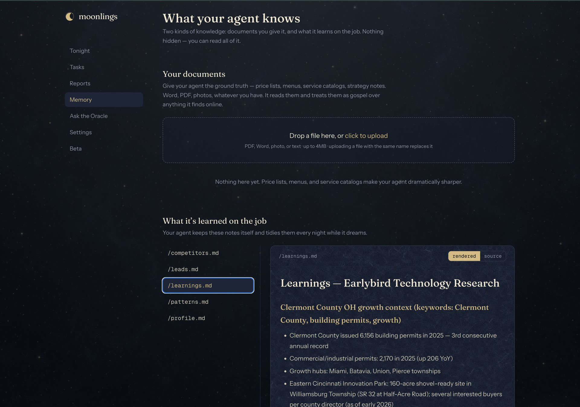 What your agent knows — uploaded documents and learned memory