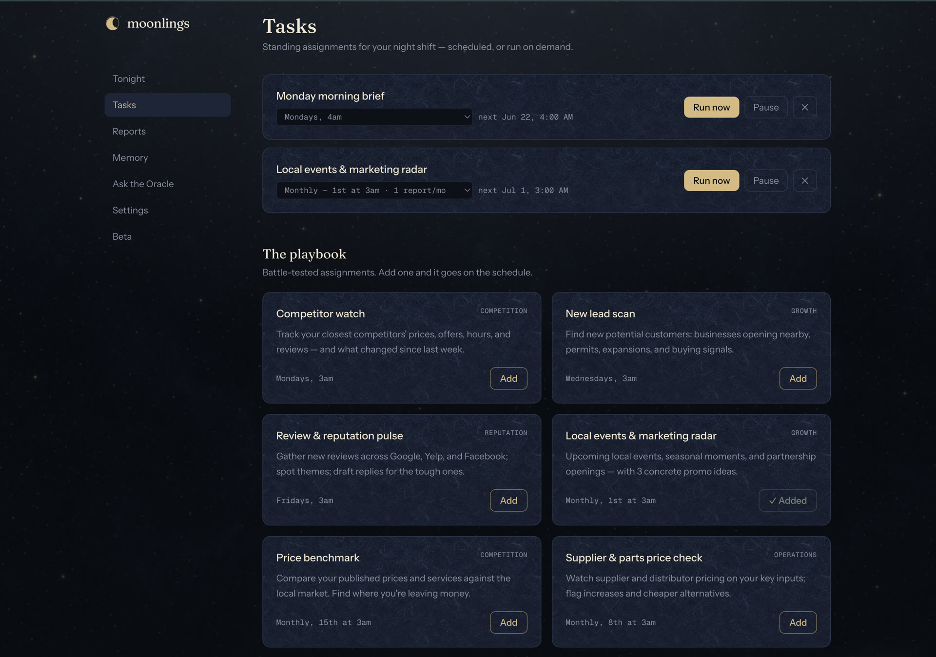 Tasks — standing assignments and a playbook of templates